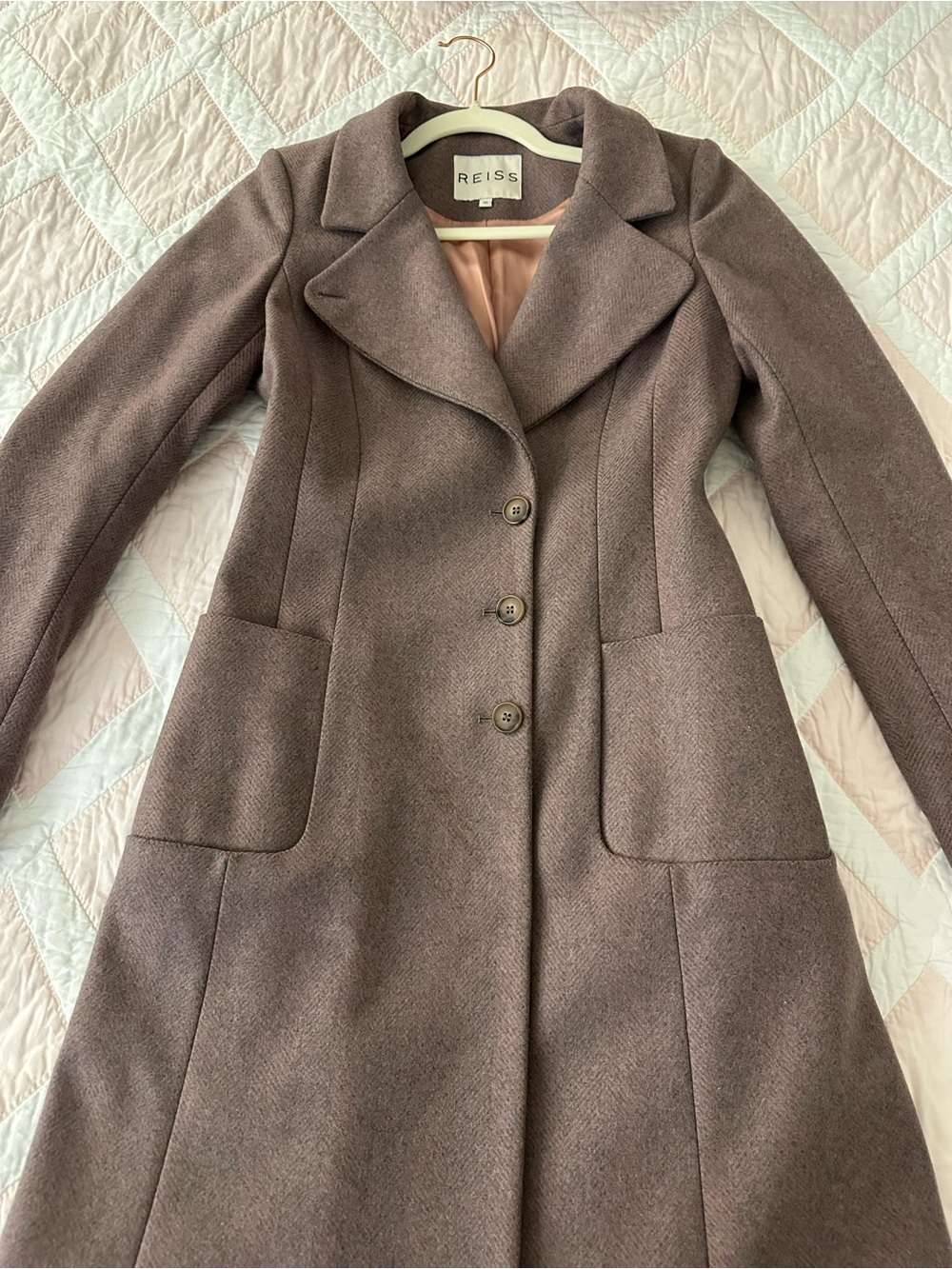 Reiss Women's Princess Coat - Mauve/Pink Herringbone Pattern - Size XS